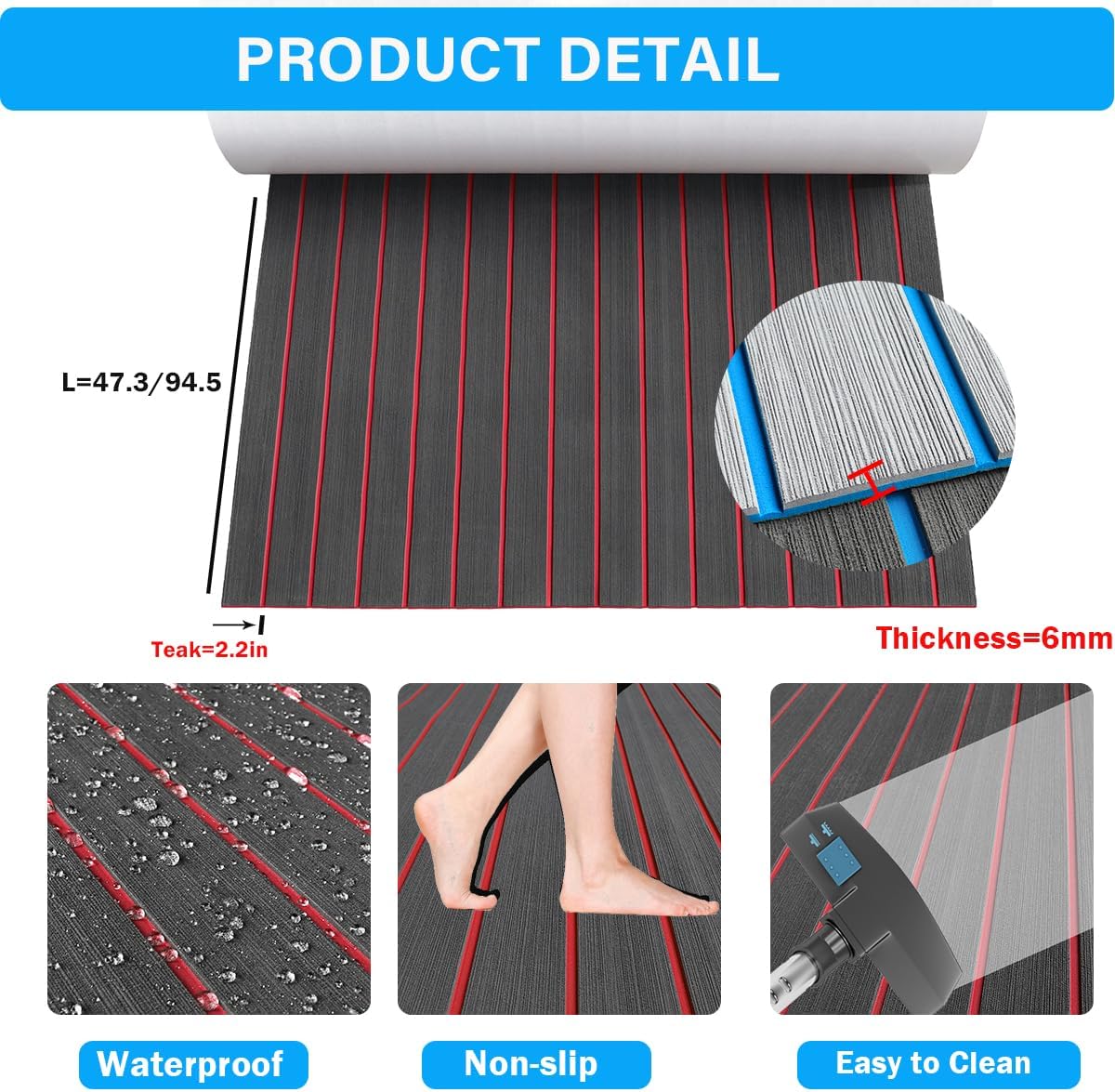 Boat Flooring Eva Foam Boat Decking 94x45/35/16 Faux Teak Marine Carpet Boat Flooring Non-slip Self-adhesive Foam Boat Deck Mat Rolls Sheet For MotorBoats Pontoon Yacht Jon Boat Floor By PAIDU