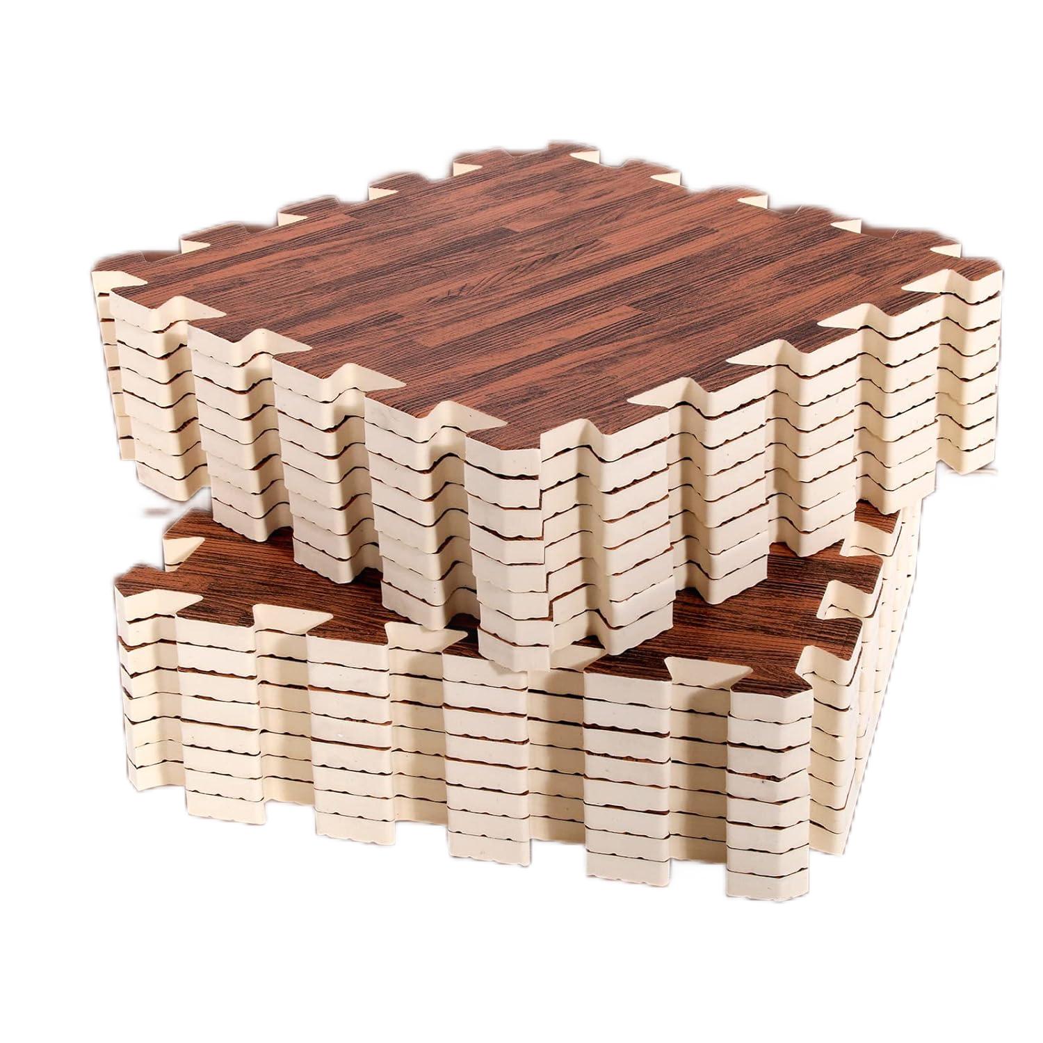 16pcs Interlocking Printed Wood Grain Eva Foam Mats Protective Floor Tiles Exercise Play Mat For Kids Room Parlor Bedroom Home 11.8" x 11.8" Wood Grain Brown By PAIDU